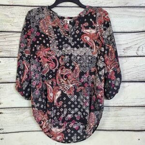 Maurices Women’s S Black Pink Paisley Floral Boho Blouse 3/4 Sleeve Tunic Top
